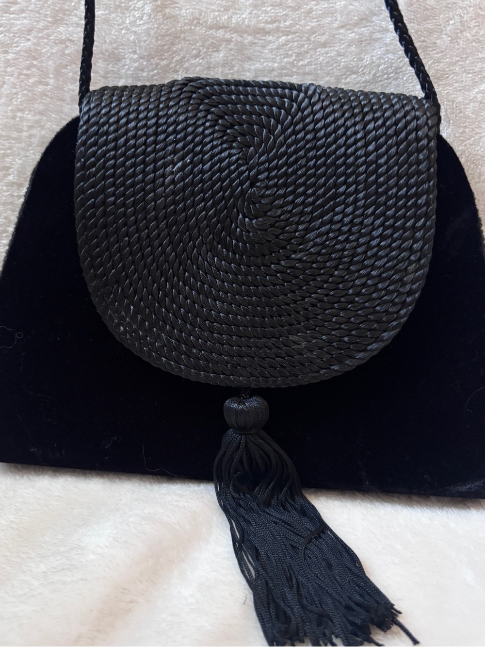 Vintage Black Velvet & Woven Tassel Crossbody Evening Bag Boho Purse - Picture 1 of 7